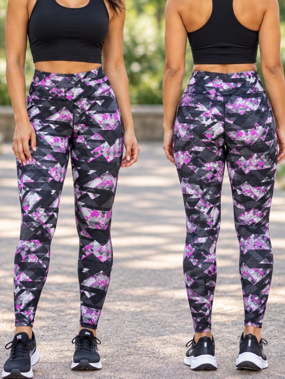FILA Sport Black Gray Pink Abstract Print Leggings Medium Running Athletic